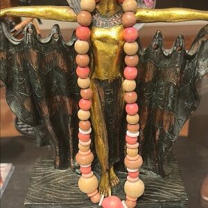 Wooden Bead Necklace with Pink and Natural Tones